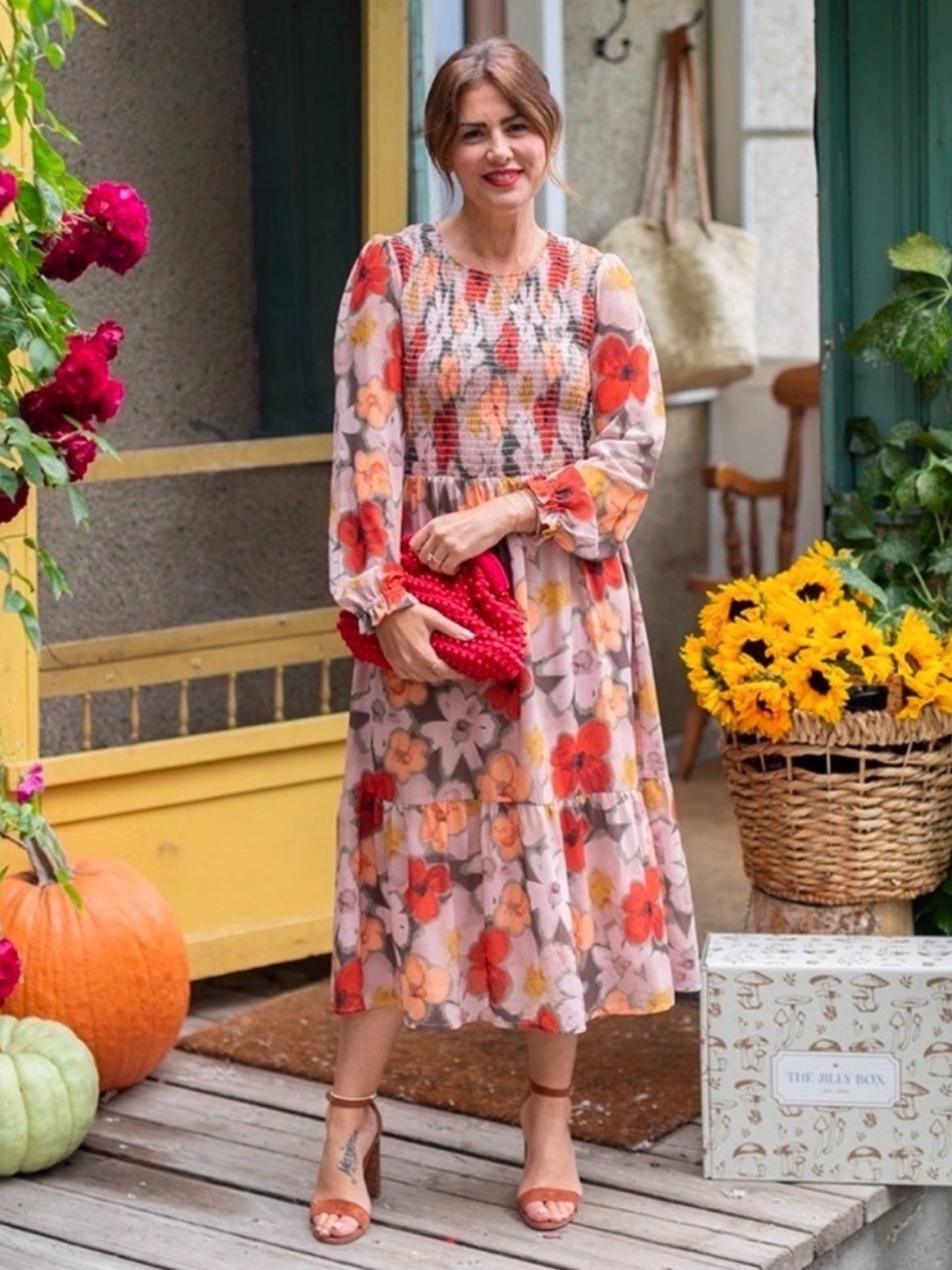 Floral Smocked Midi Dress in Pink and Orange